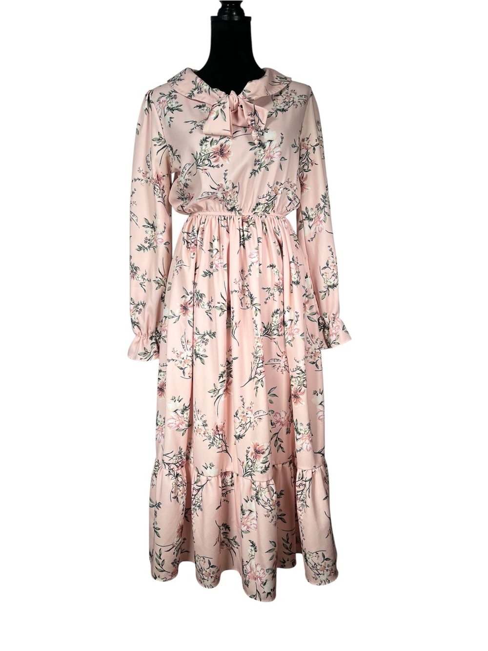Pink Floral Tie-Front Dress Long-Sleeve Midi Ruffle Cottagecore Modest Coquette